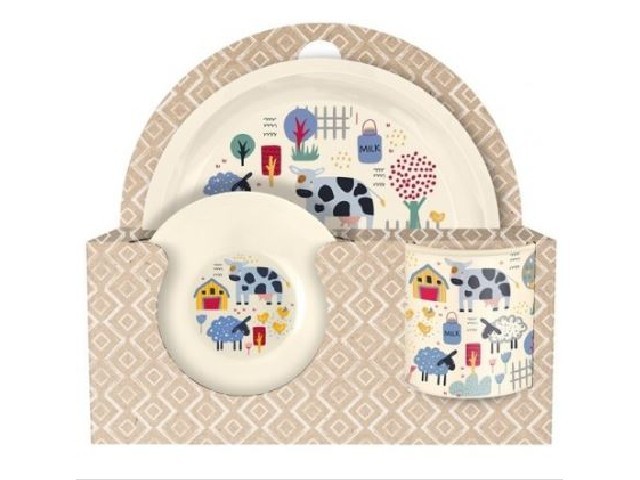 Набор посуды: тарелка с декором D 215мм, миска с декором D 130мм, кружка 280мл (светло-бежевый)